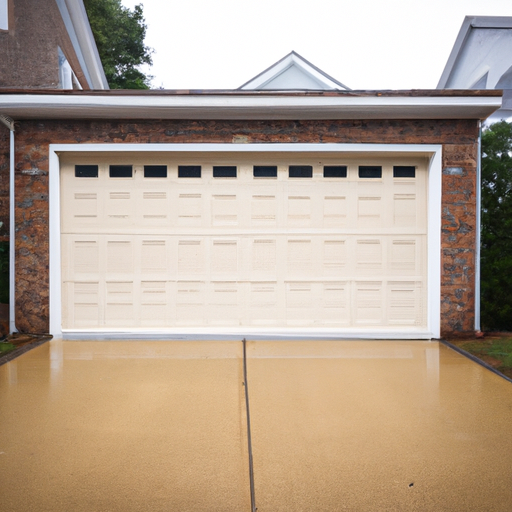 Modern raised-panel garage door on a brick South Orange home, wet driveway after rain, clear wide-angle view.
