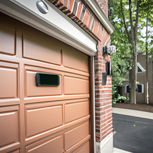 Suburban South Orange driveway with a modern garage door, visible smart keypad and Wi‑Fi module, townhouse facade in soft daylight.
