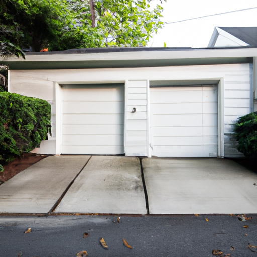 Two-car white paneled garage door slightly ajar at a suburban home in South Orange, NJ, late-spring light, clean driveway.