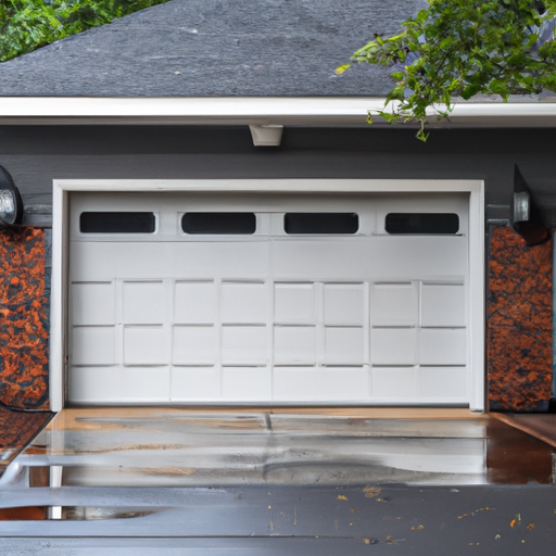 Suburban South Orange garage with a modern sectional door partially open, motor rail visible, wet driveway and brick facade.