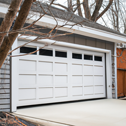 Suburban South Orange garage exterior with modern insulated steel door partially open, showing tracks and weather seal