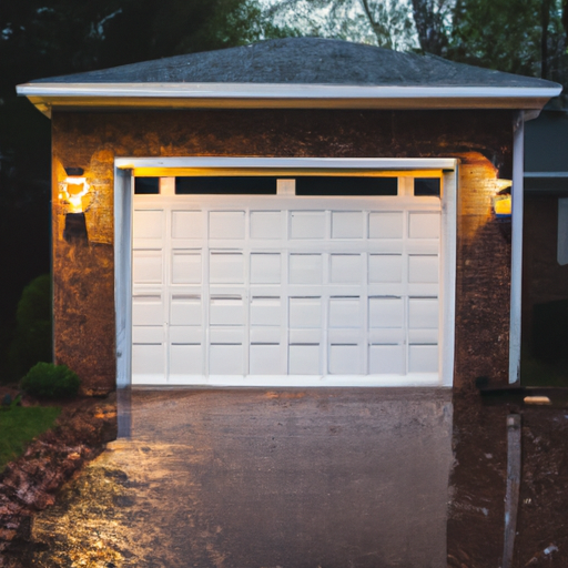 Suburban South Orange NJ driveway with a raised-panel garage door slightly open, brick facade and wet pavement after rain.