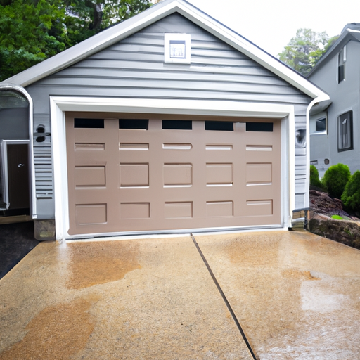 Suburban South Orange home with a modern closed garage door on a wet driveway, no people.