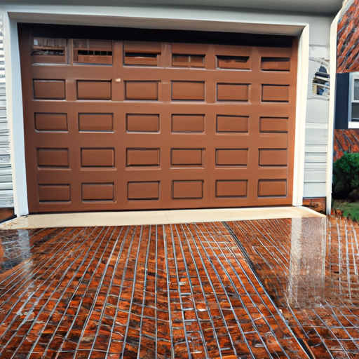 New residential garage door in South Orange, NJ with visible weather seal and threshold on damp driveway after rain.