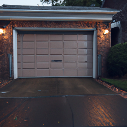 Suburban South Orange driveway with a closed contemporary sectional garage door at dusk, no people.