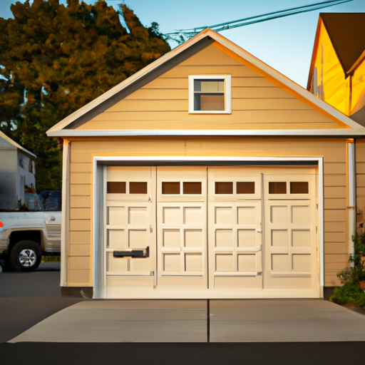 South Orange residential garage door at golden hour, visible panels and hardware, neighborhood context, no people.