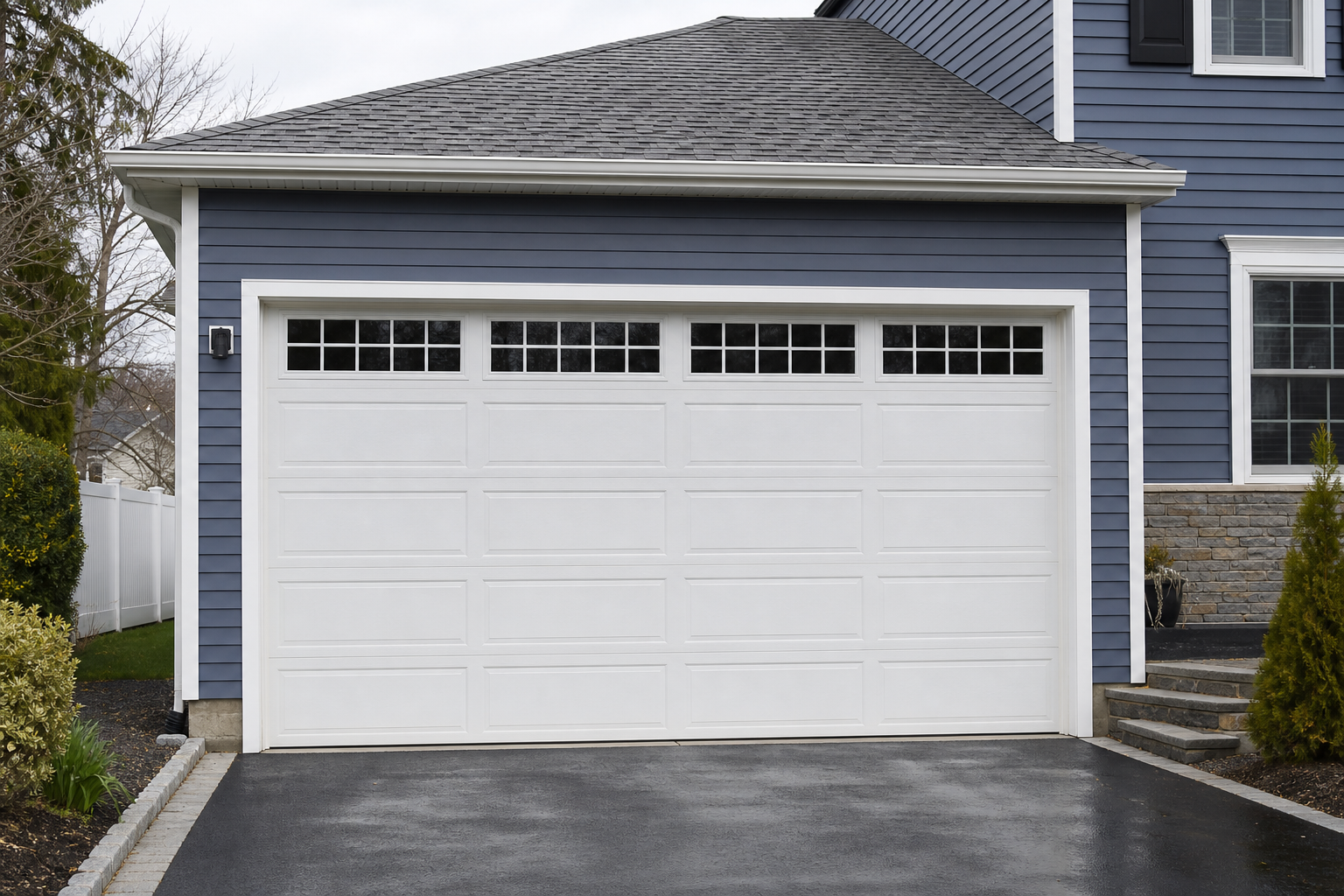 Suburban garage door on a South Orange home exterior in daylight