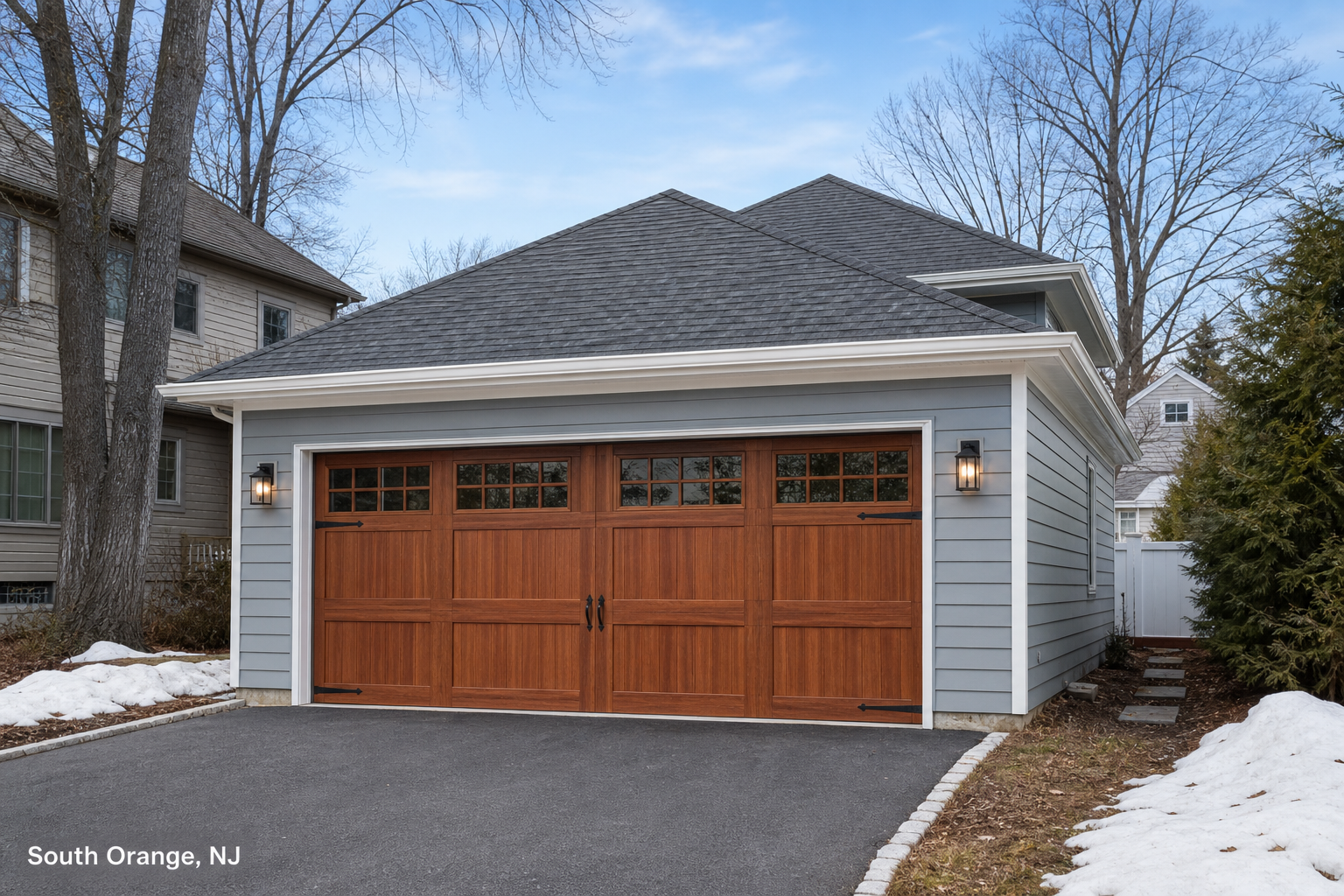 Suburban garage door exterior in South Orange, NJ, shown in natural daylight